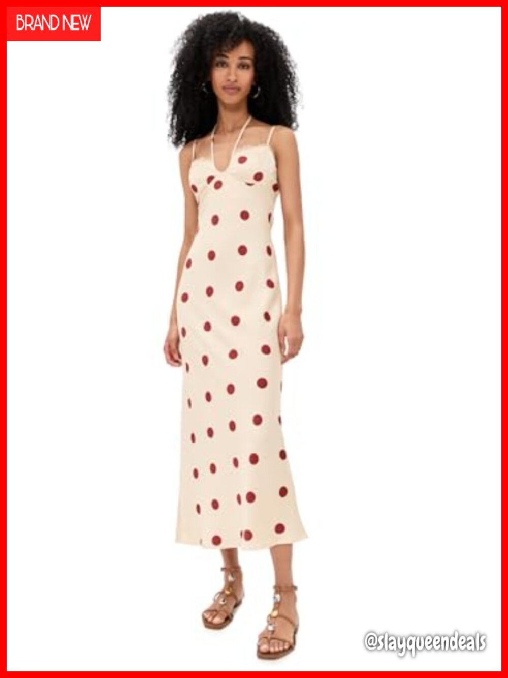 Women's Satin Polka Dot Midi Dress Sleeveless Lace Trim Sweetheart Neck